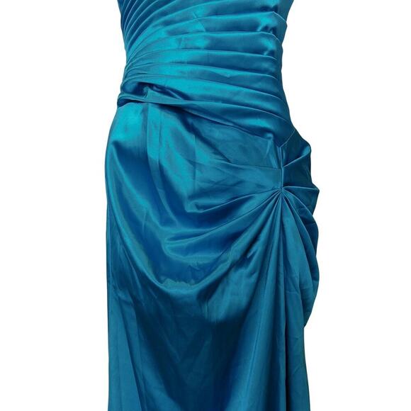 90s Y2K Prom Dress Maxi Gown Size L Teal Strapless Ruched Satin Formal Dance - Picture 4 of 11